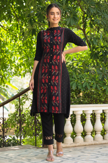 Black Rayon Slub Printed A-Line Kurta