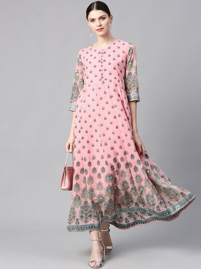 Pink Georgette Printed Flared Dress