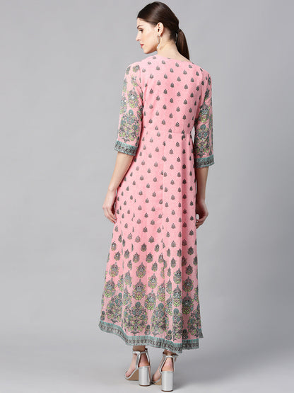 Pink Georgette Printed Flared Dress