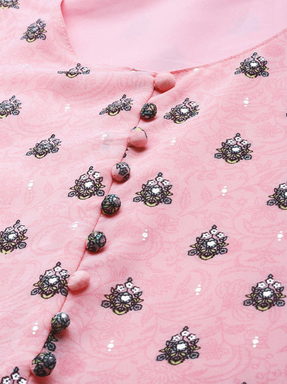 Pink Georgette Printed Flared Dress