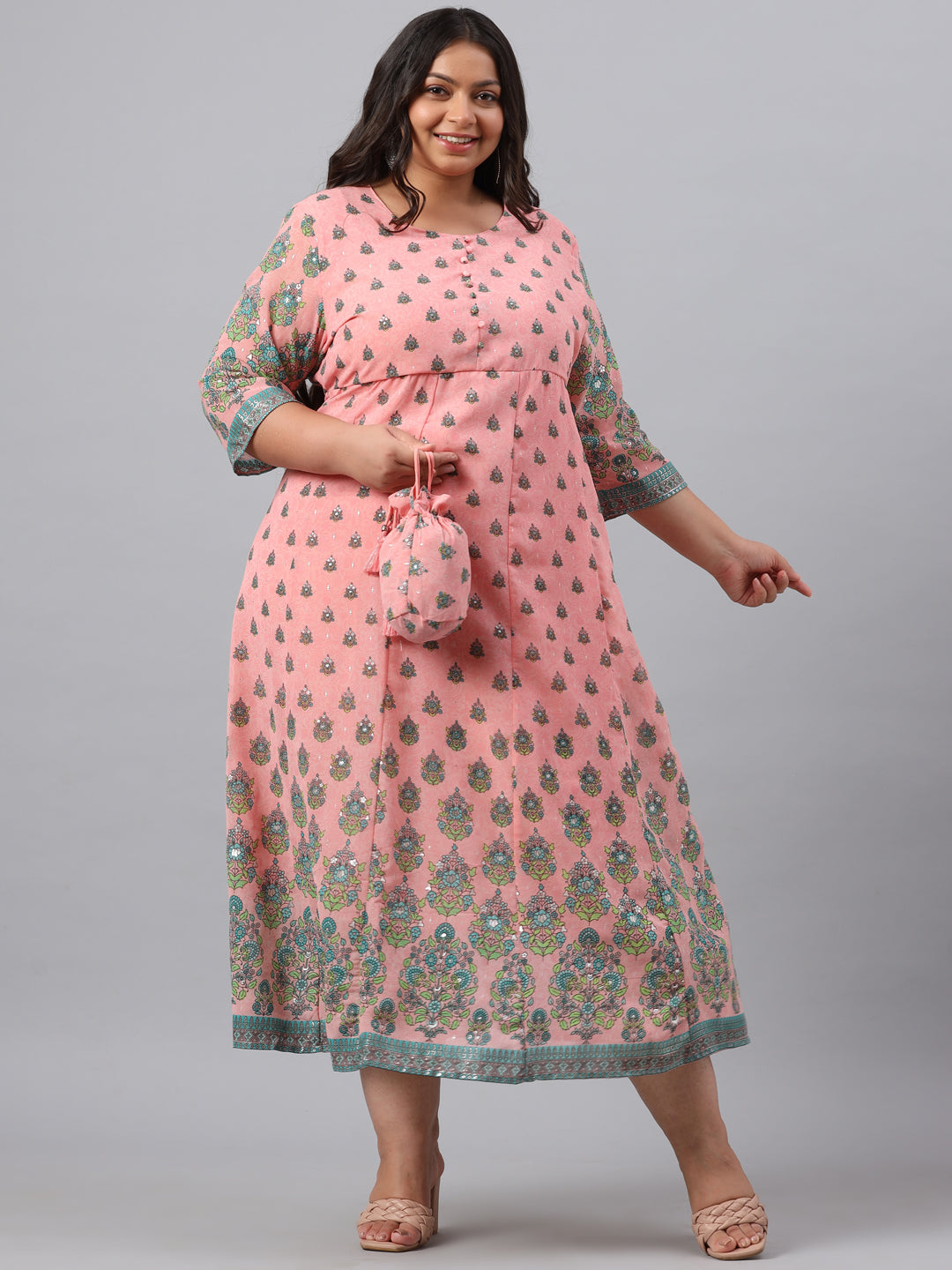 Pink Georgette Printed Flared Dress