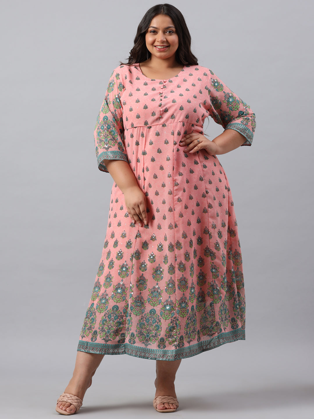 Pink Georgette Printed Flared Dress