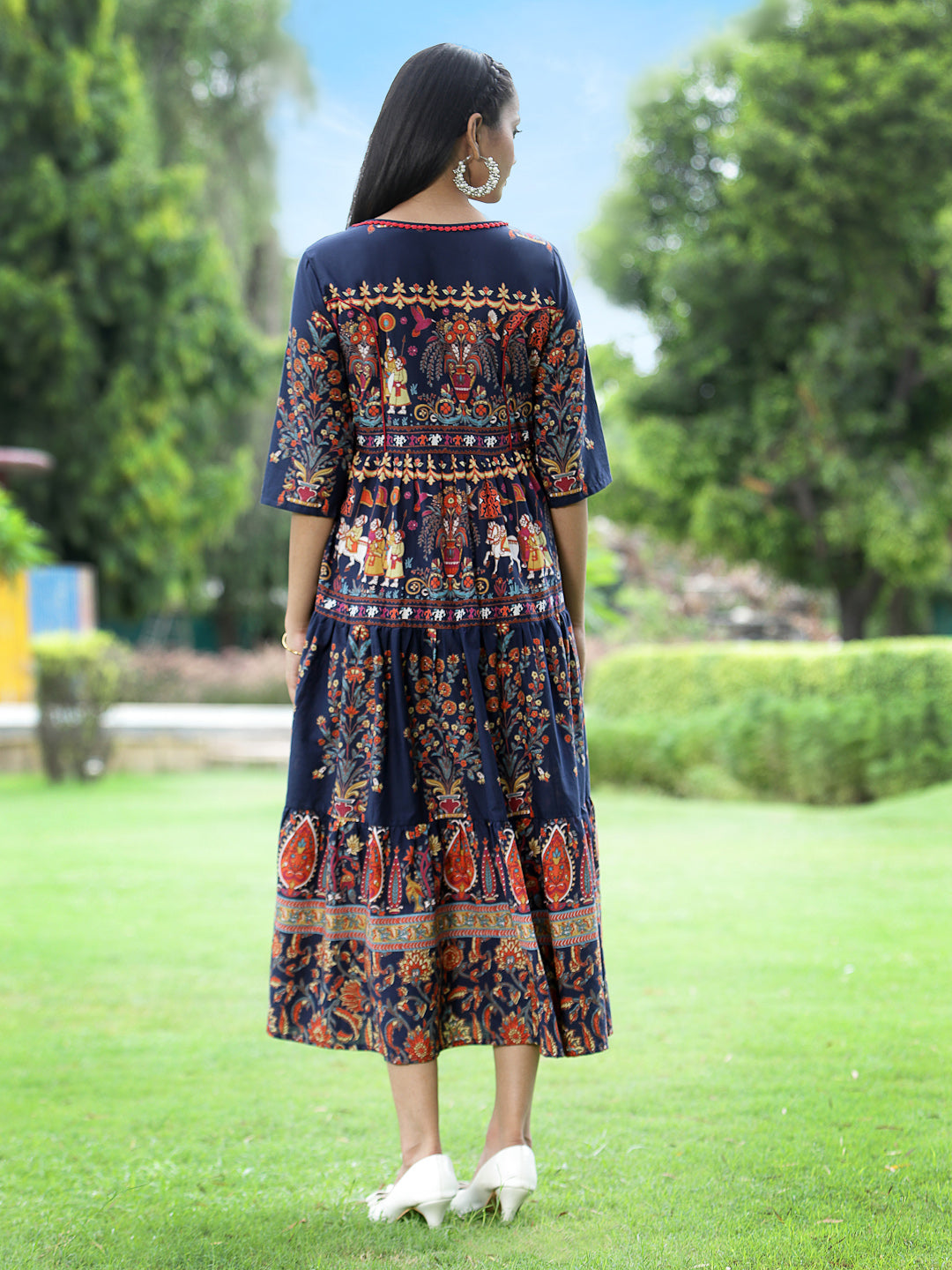 Indigo Cambric Printed Tiered Dress