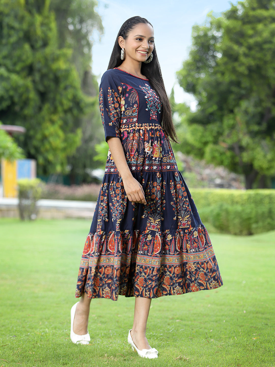 Indigo Cambric Printed Tiered Dress