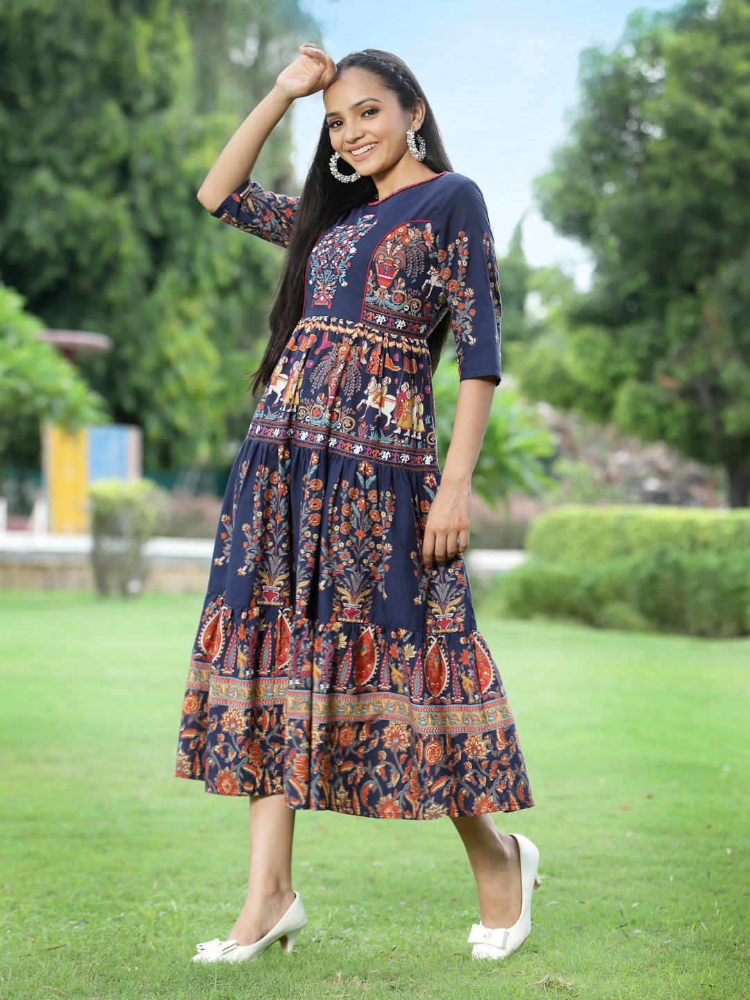 Indigo Cambric Printed Tiered Dress