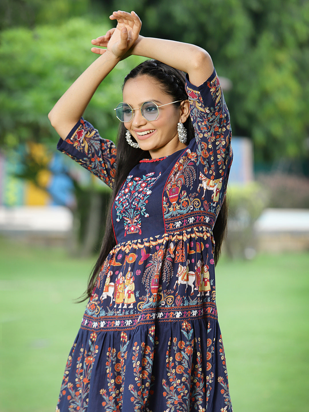 Indigo Cambric Printed Tiered Dress