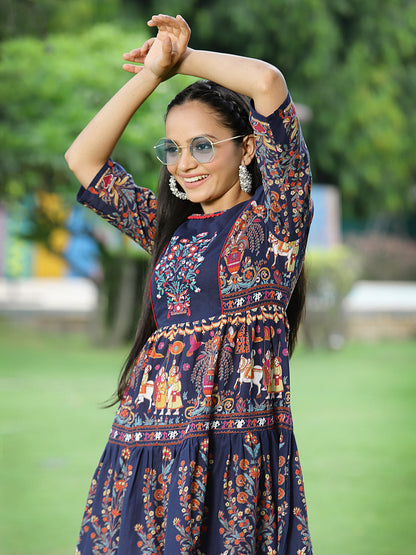 Indigo Cambric Printed Tiered Dress