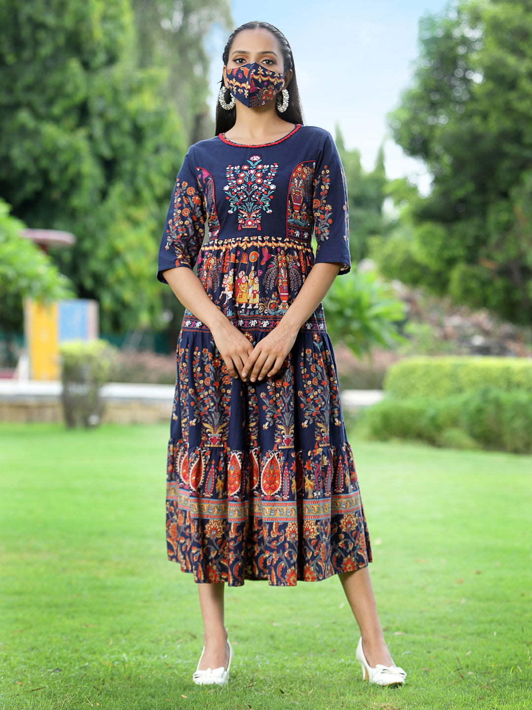 Indigo Cambric Printed Tiered Dress