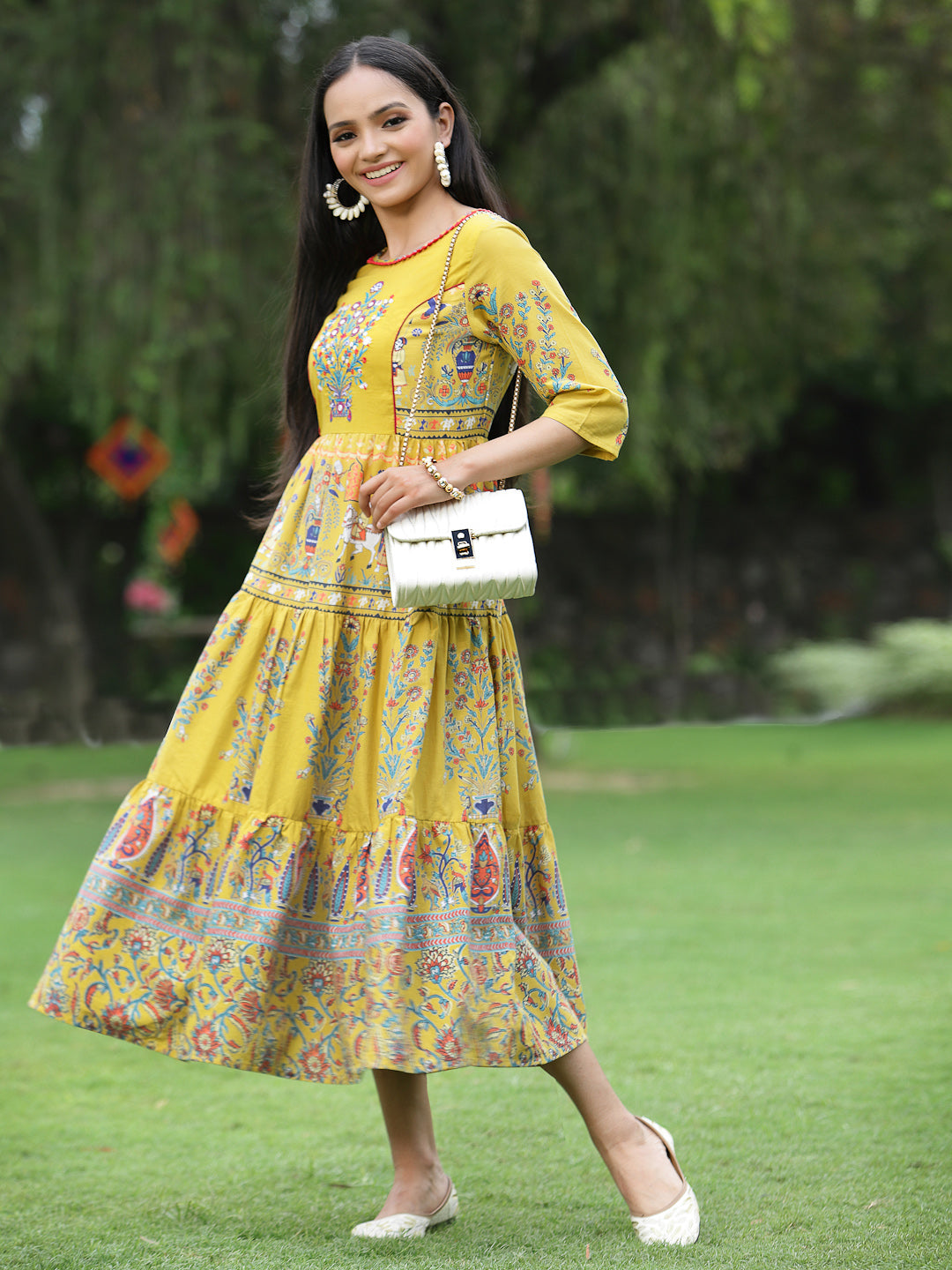 Mustard Cambric Printed Tiered Dress