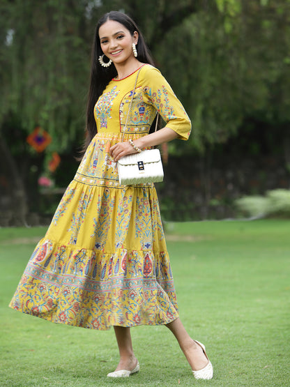Mustard Cambric Printed Tiered Dress