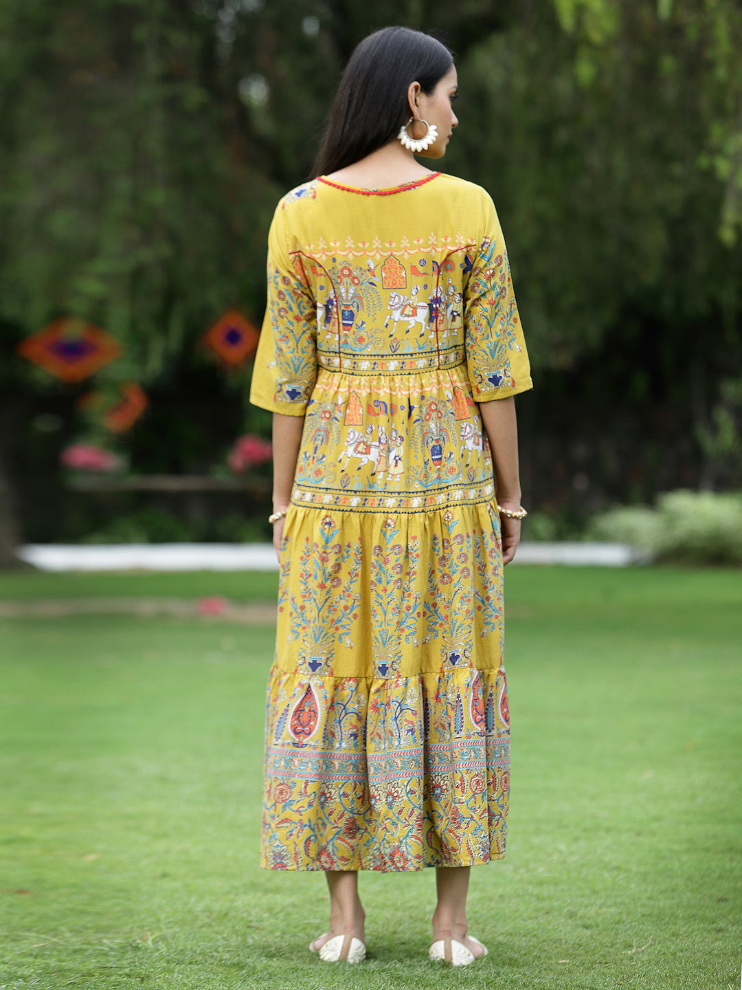 Mustard Cambric Printed Tiered Dress