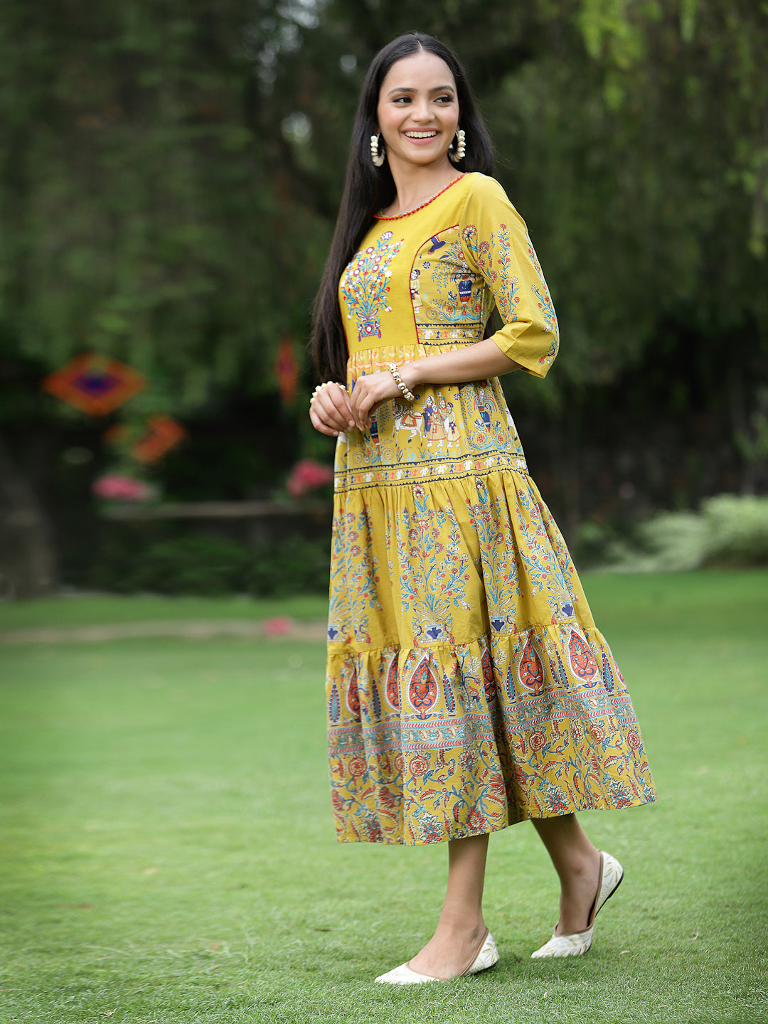 Mustard Cambric Printed Tiered Dress