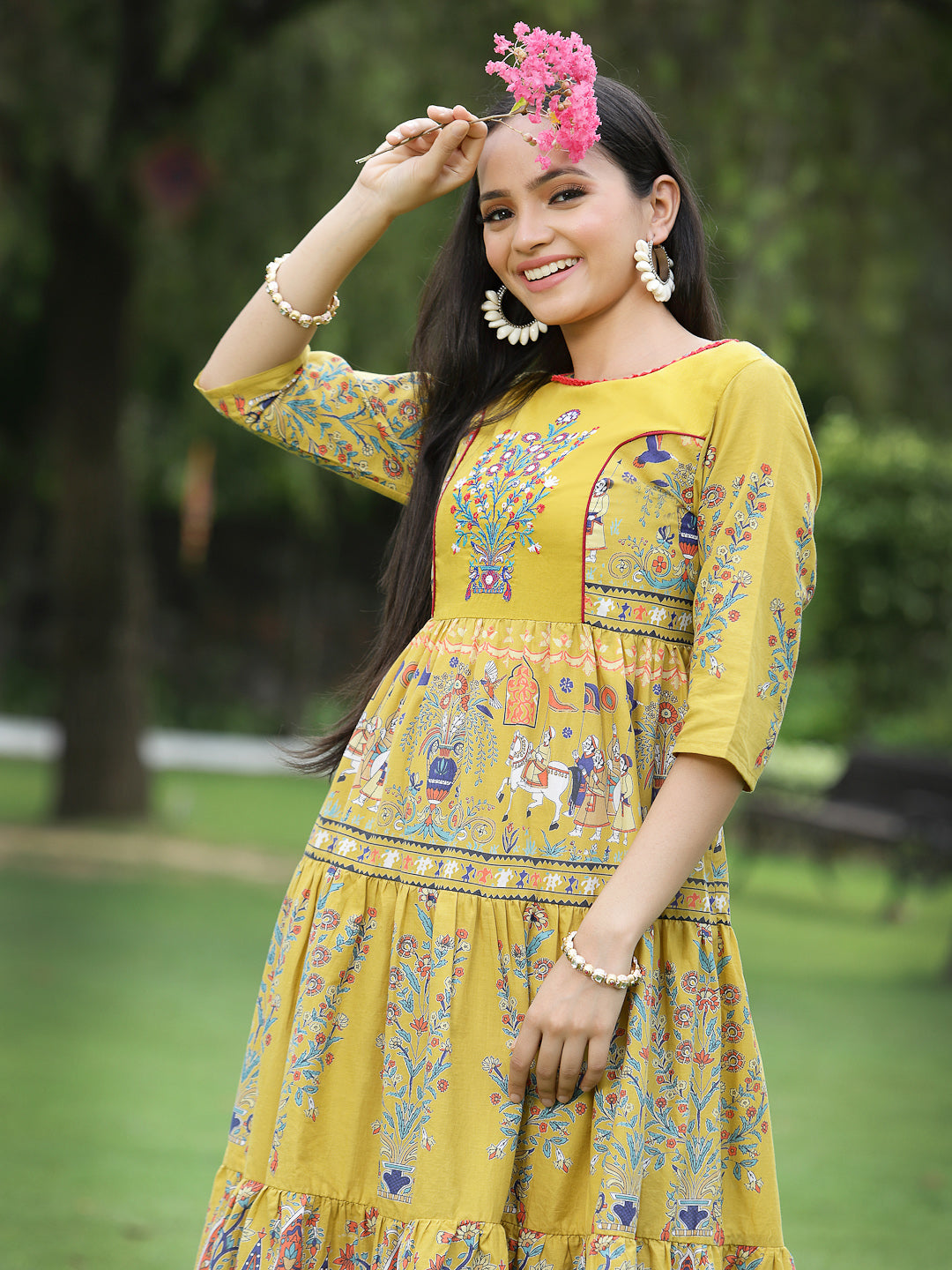 Mustard Cambric Printed Tiered Dress