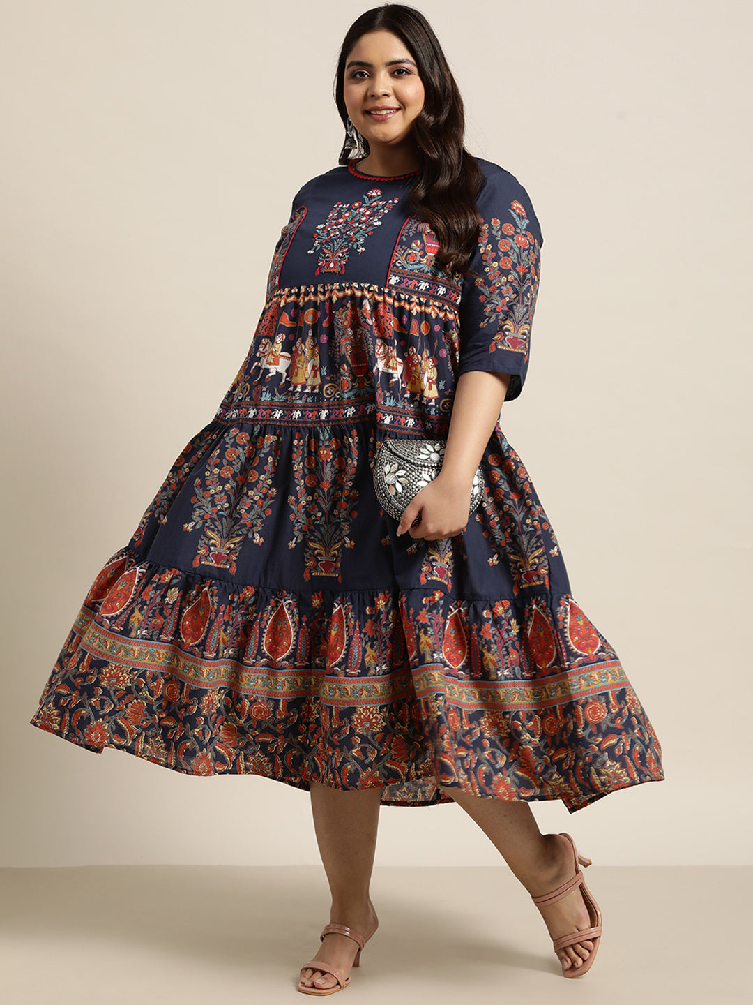 Indigo Cambric Daily Wear Printed Tiered Dress