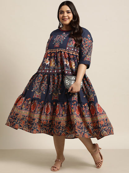 Indigo Cambric Daily Wear Printed Tiered Dress