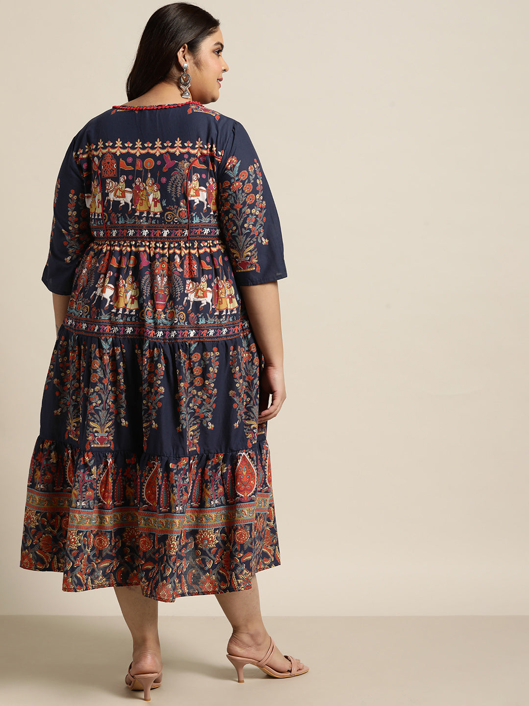 Indigo Cambric Daily Wear Printed Tiered Dress