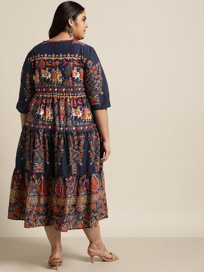 Indigo Cambric Daily Wear Printed Tiered Dress