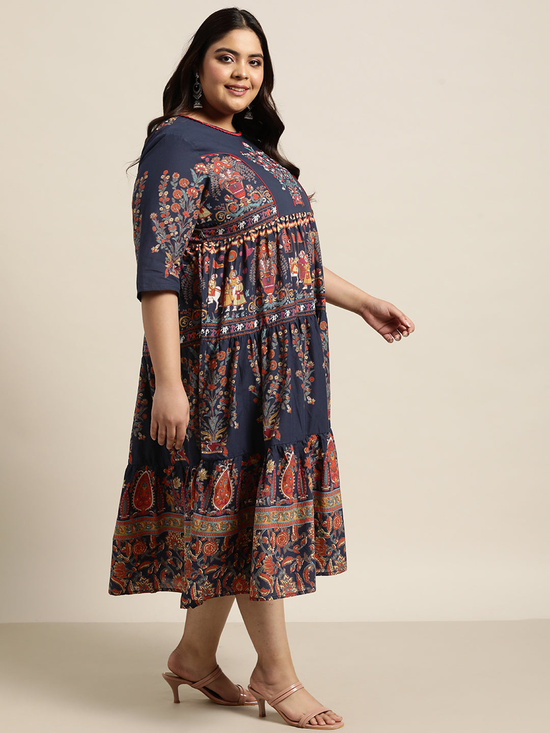 Indigo Cambric Daily Wear Printed Tiered Dress