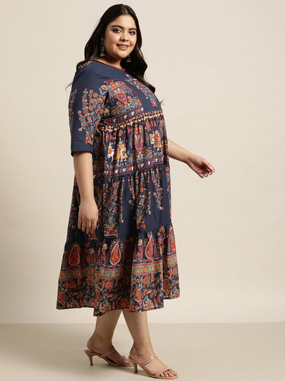 Indigo Cambric Daily Wear Printed Tiered Dress
