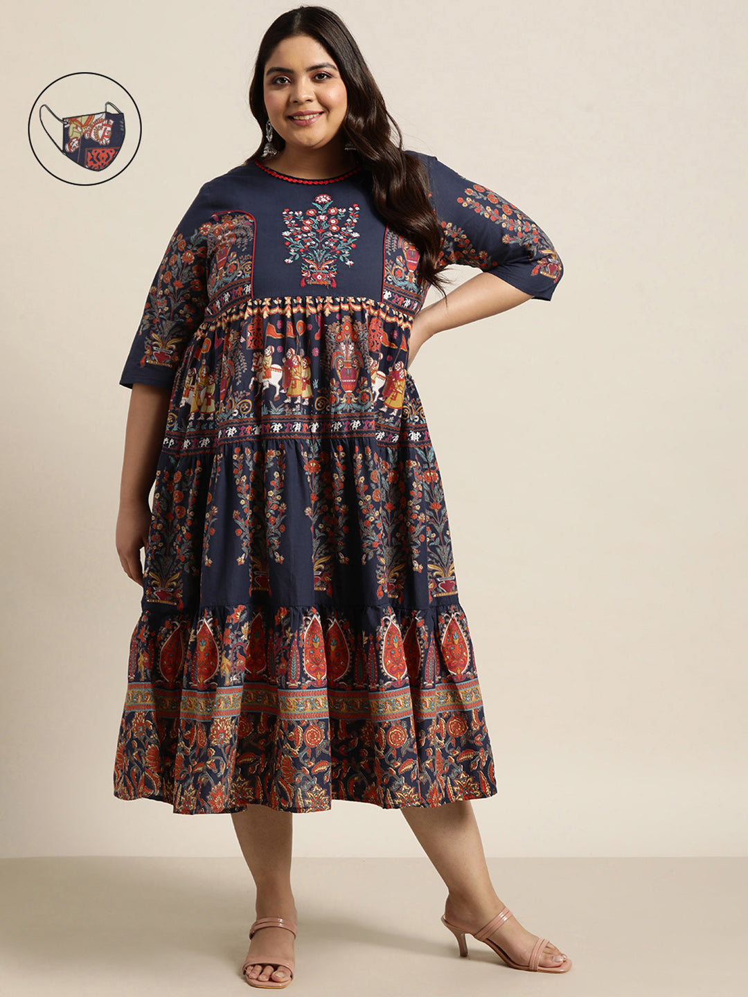 Indigo Cambric Daily Wear Printed Tiered Dress