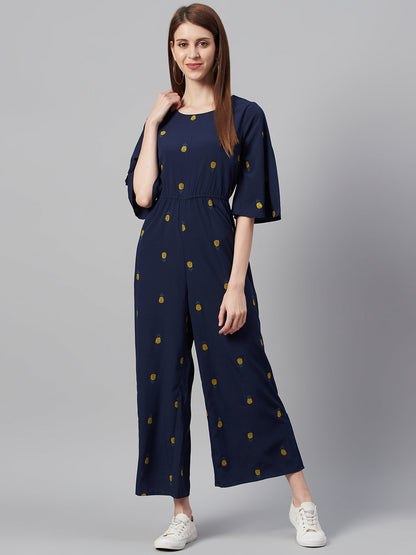Darkblue Micro Poly Embroidered Regular Jumpsuit