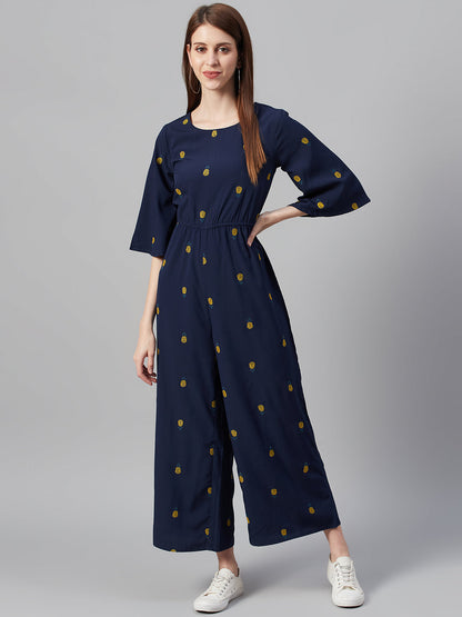 Darkblue Micro Poly Embroidered Regular Jumpsuit