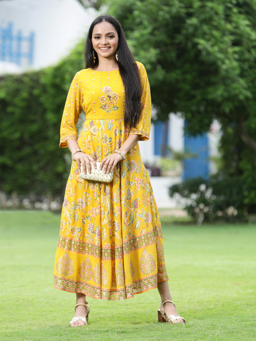 Mustard Georgette Printed Flared Dress