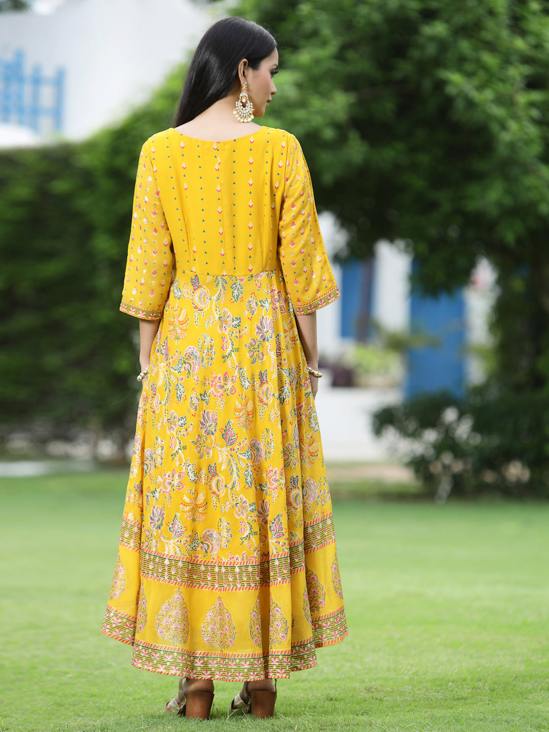 Mustard Georgette Printed Flared Dress