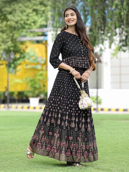 Women`s Black Rayon Printed Flared Lehenga Choli Sets