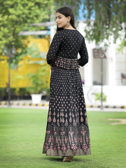 Women`s Black Rayon Printed Flared Lehenga Choli Sets