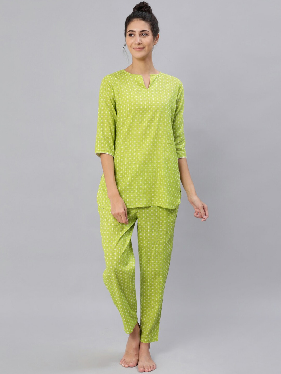 Women Green Printed Night Suit Set