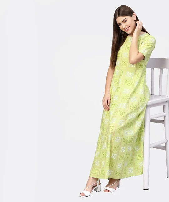 Pista Green Printed Half Sleeve Cotton Maxi Dress