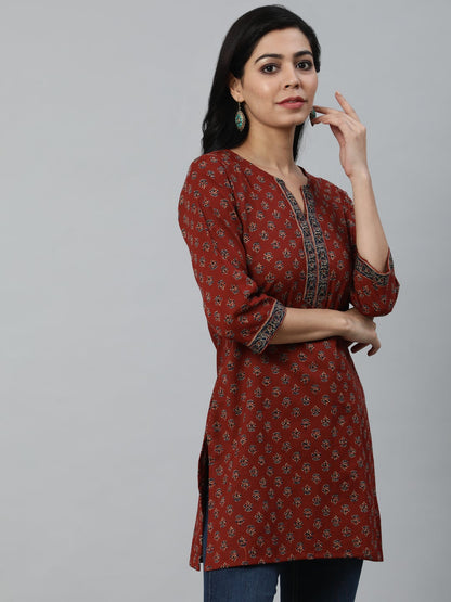 Maroon Printed Tunic With Three Quarter Sleeves