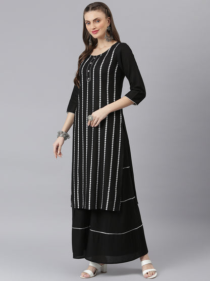 Women Printed Rayon Straight Kurta Sharara Dupatta Set