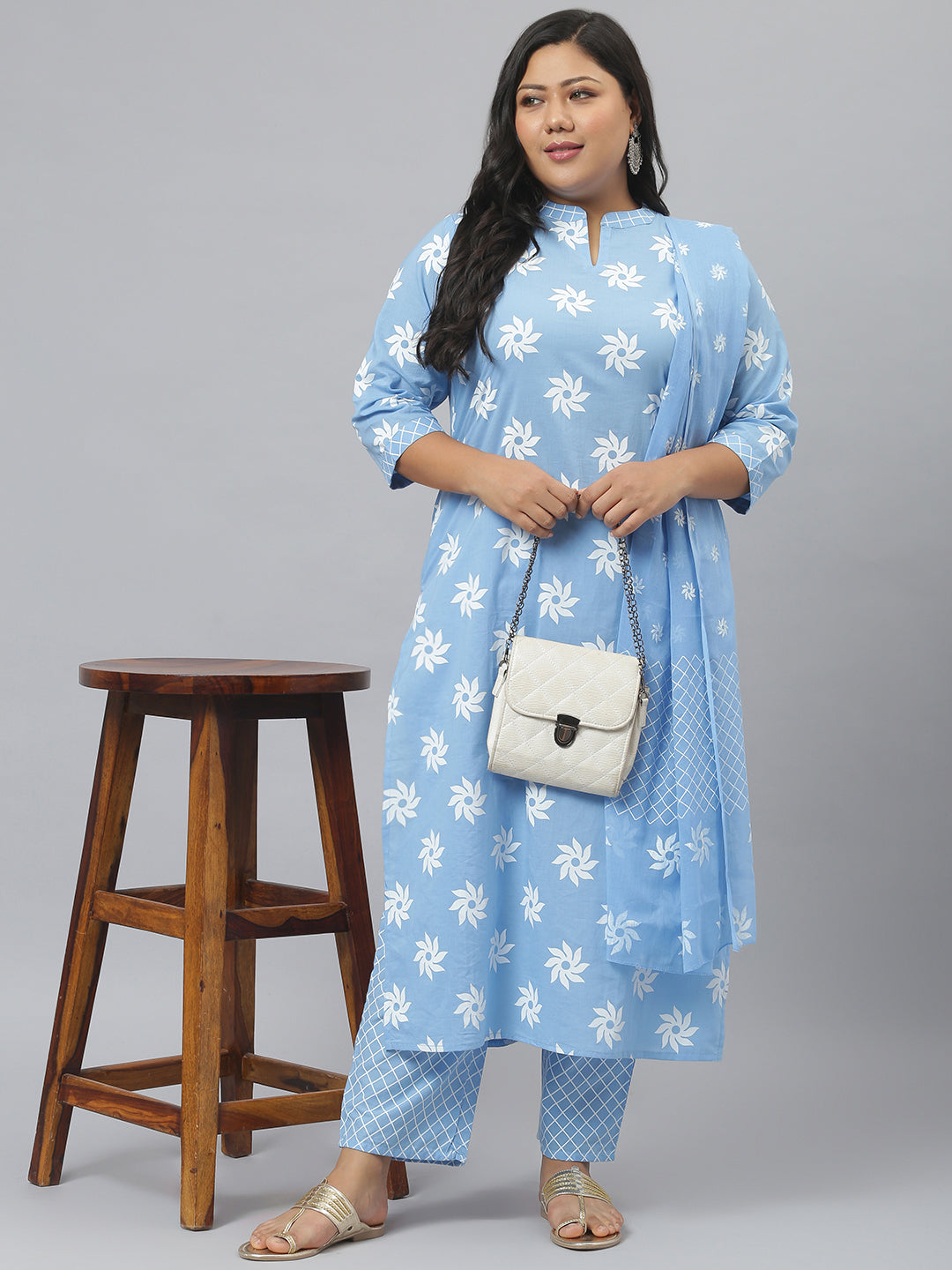 Women Printed Cotton Straight Kurta Pant Dupatta Set