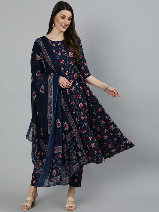 Navy Blue & Pink Floral Printed Flared kurta And Trouser With Dupatta
