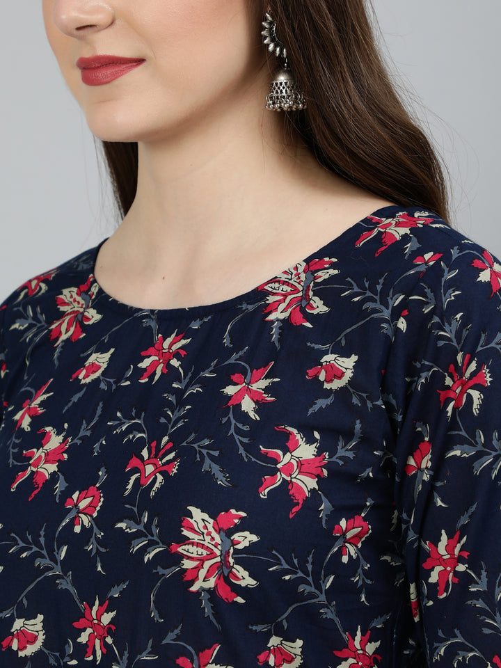 Navy Blue &amp; Pink Floral Printed Flared kurta And Trouser With Dupatta