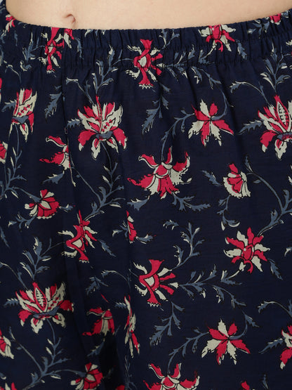 Navy Blue & Pink Floral Printed Flared kurta And Trouser With Dupatta