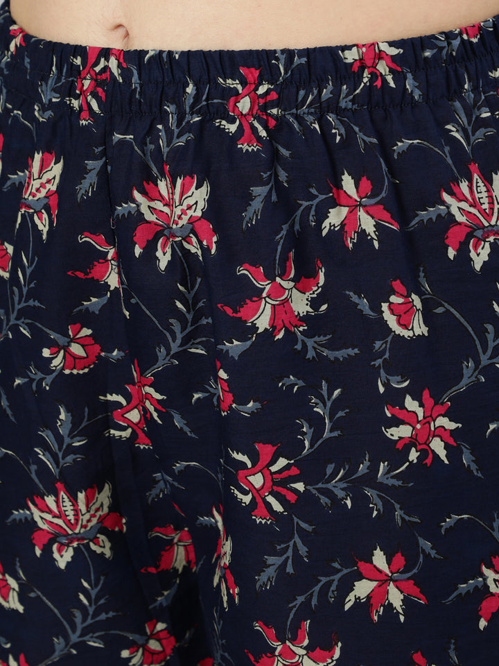Navy Blue &amp; Pink Floral Printed Flared kurta And Trouser With Dupatta