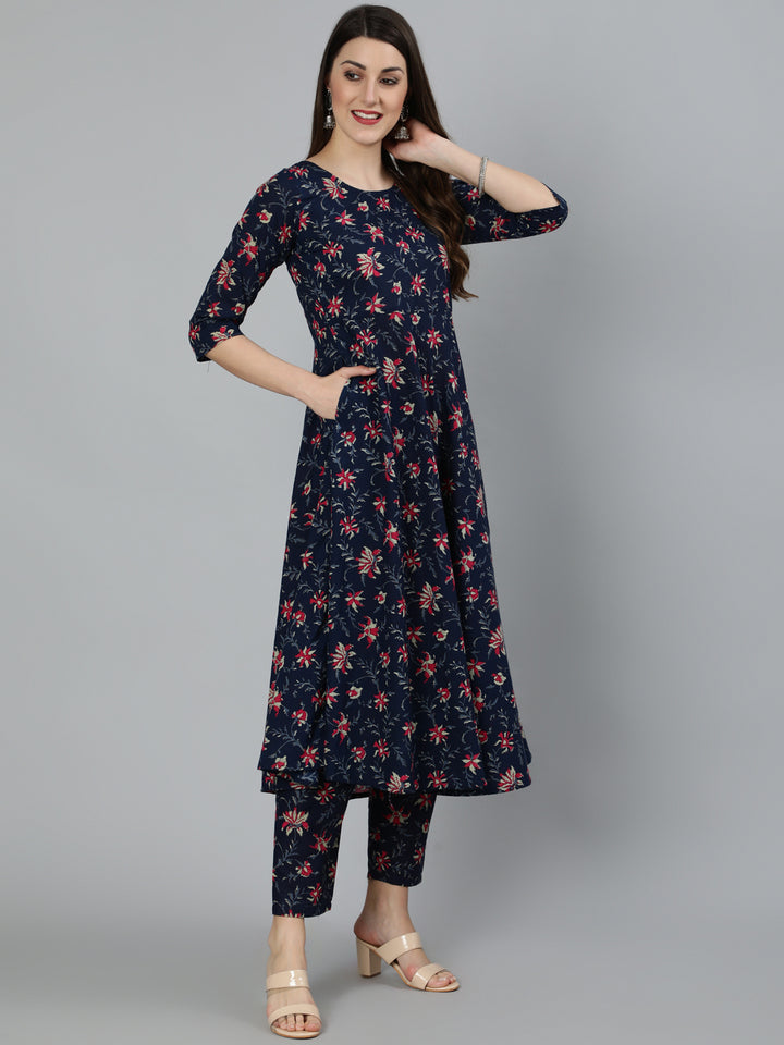 Navy Blue &amp; Pink Floral Printed Flared kurta And Trouser With Dupatta