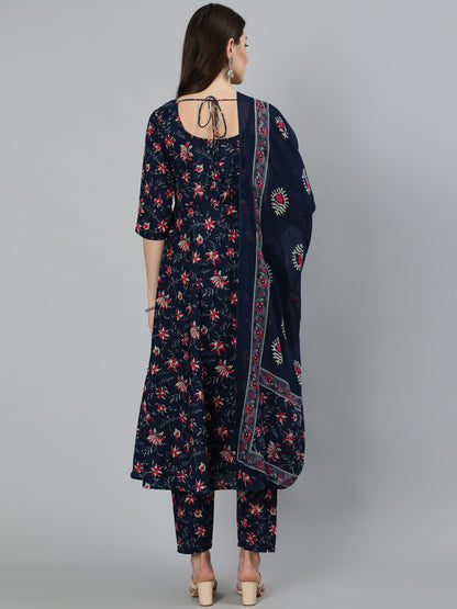Navy Blue & Pink Floral Printed Flared kurta And Trouser With Dupatta