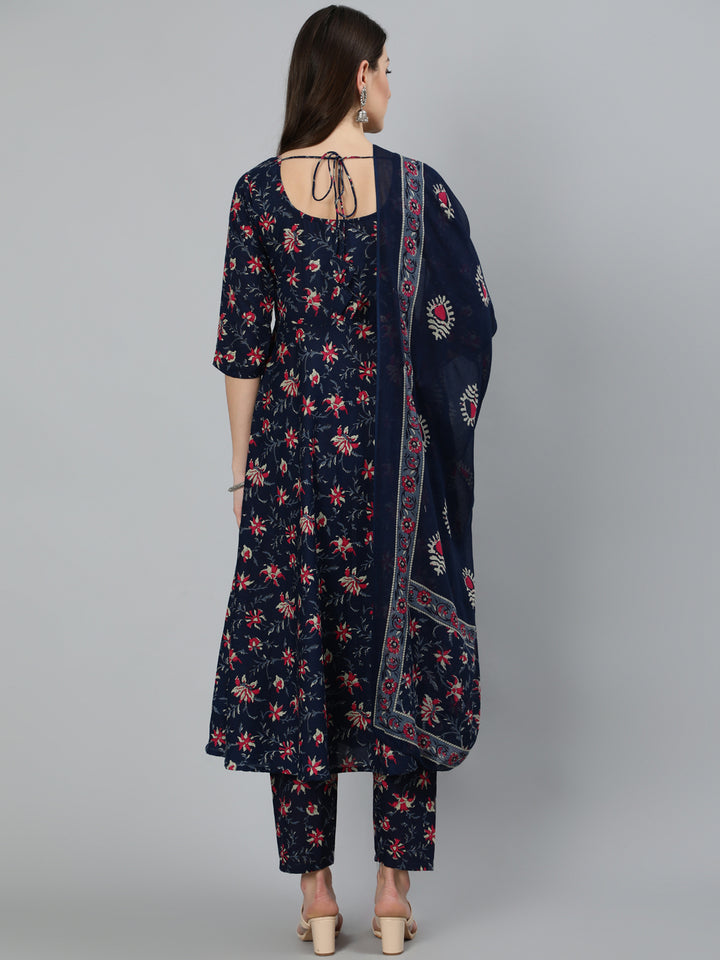 Navy Blue &amp; Pink Floral Printed Flared kurta And Trouser With Dupatta