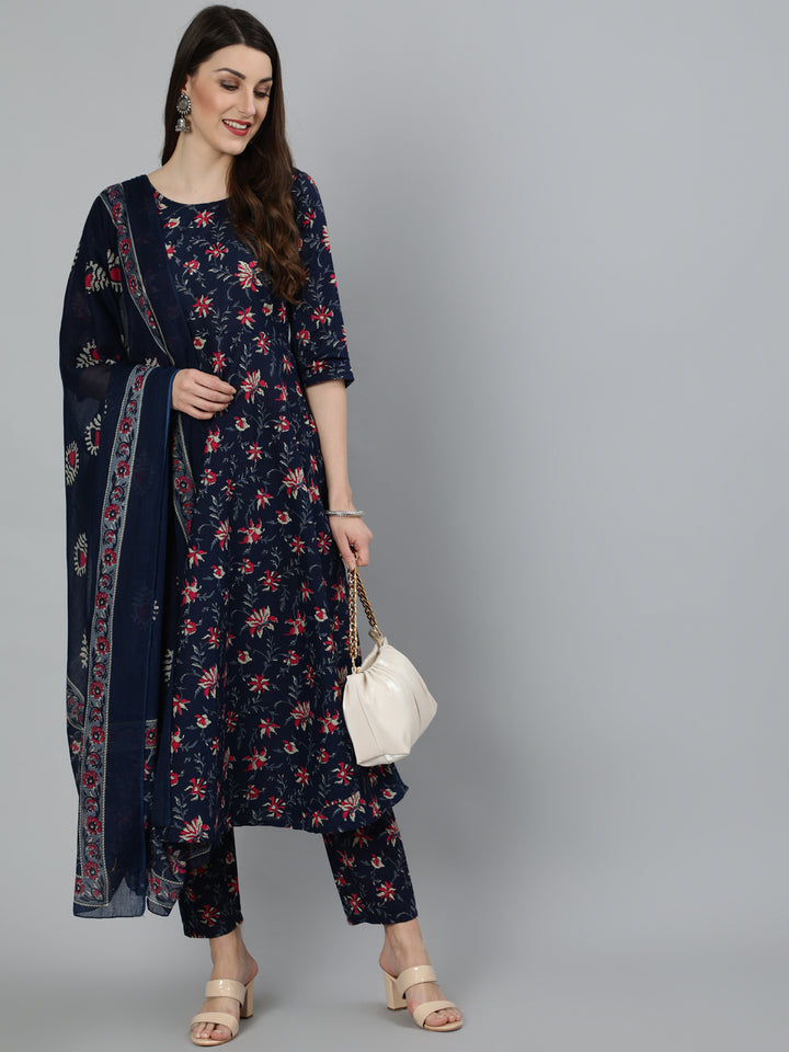 Navy Blue &amp; Pink Floral Printed Flared kurta And Trouser With Dupatta