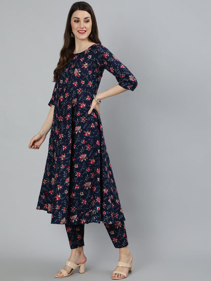 Navy Blue & Pink Floral Printed Flared kurta And Trouser With Dupatta