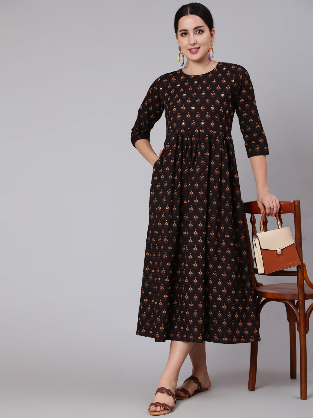 Brown Embroidred Flared Dress With Three Quarter Sleeves