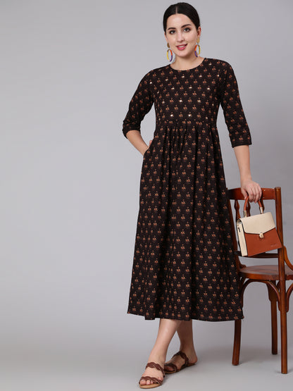 Brown Embroidred Flared Dress With Three Quarter Sleeves