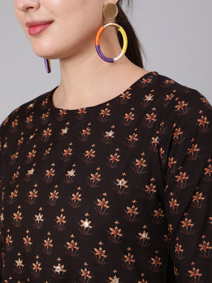 Brown Embroidred Flared Dress With Three Quarter Sleeves