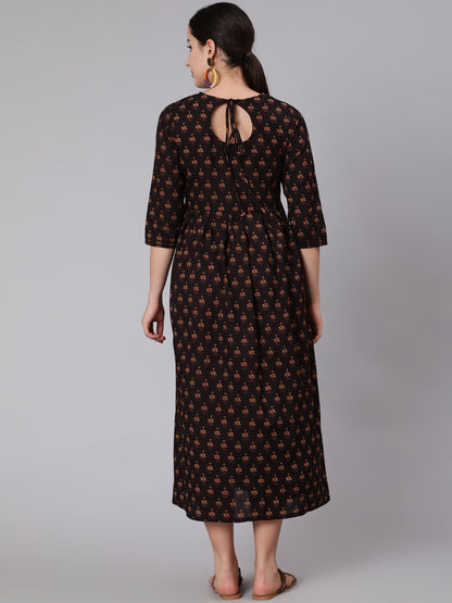 Brown Embroidred Flared Dress With Three Quarter Sleeves