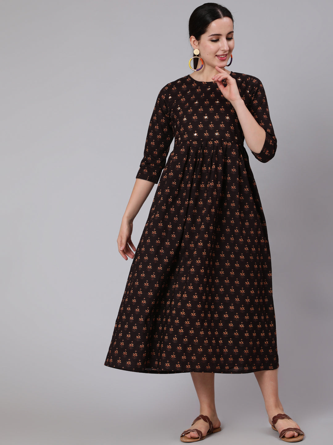 Brown Embroidred Flared Dress With Three Quarter Sleeves