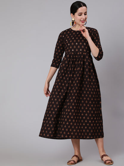Brown Embroidred Flared Dress With Three Quarter Sleeves